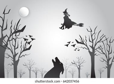 Young witch flying on broom with wolf silhouette Halloween background concept, paper art style illustration