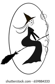 Young Witch flying on a broom vector black and white with floral border	