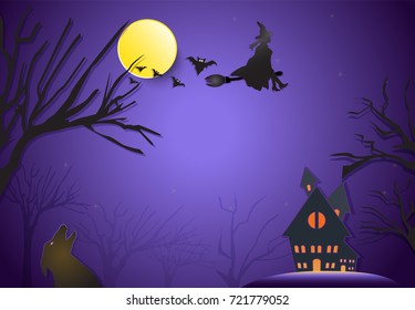 Young witch flying on broom and wolf silhouette Halloween paper art background concept, paper cut style illustration