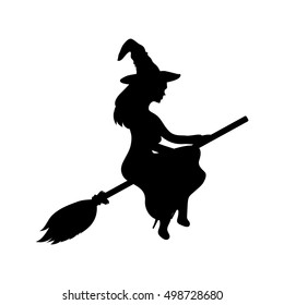 Young witch flying on a broomstick silhouette on a white background. ghost woman vector illustration