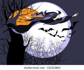 A young witch flying on Halloween night Sabbath over forest