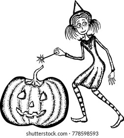 Young witch with a halloween pumpkin
