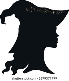 Young witch in hat silhouette with stars. Vector illustration isolated on white background