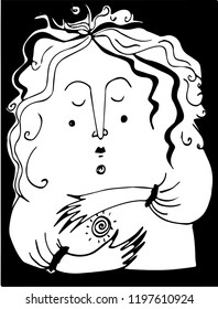Young witch have a spell. Black and white vector illustration.
