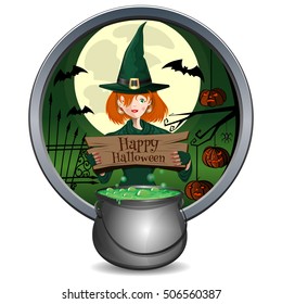Young witch holding a sign with the inscription - Happy Halloween. Magic cauldron of green brew. Round sticker. Vector element for design, prints and greeting cards