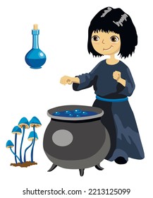 Young witch learns to brew potions in a cauldron. Vector illustration	