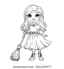 Young witch with long hair, holding broom in her hands, black and white ink sketch. Vector illustration. A mystical Halloween entourage, isolated on white background. The theme of magic and witchcraft