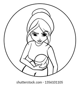 Young witch with a magic ball. Beautiful girl isolated on white background. Vector illustration for coloring book. 