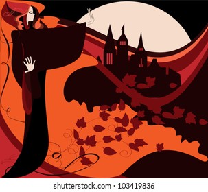 A young witch at midnight on the background of an ancient castle and a full moon