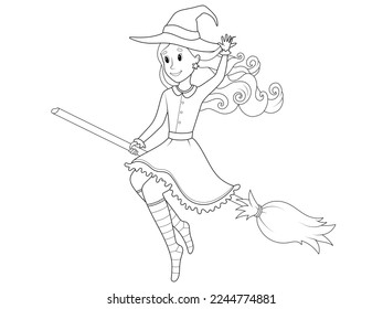 A young witch on a broom. Children coloring book. Vector.