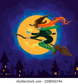 Young Witch on broom flying to Halloween Party 2.0