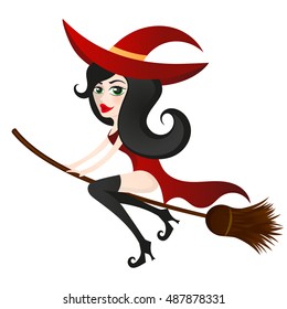 A young witch on a broomstick flying.
