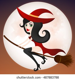 A young witch on a broomstick flying.