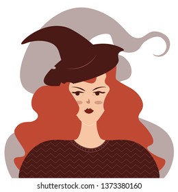 Young witch portrait flat vector illustration. Red haired woman in witch hat isolated clipart. Withcraft, magic. Female flat vector character in scnadinavian style. Halloween postcard design element