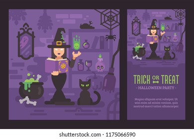 Young witch practicing magic in her hut with a spell book and a black cat. Halloween flat illustration and flyer