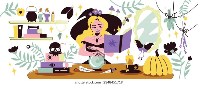 Joven bruja practicando brujería con bola de cristal en habitación con varias herramientas mágicas ilustración vectorial plana