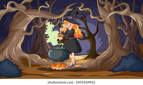 Young witch prepares magical potion under moonlit trees.