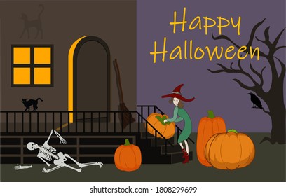 Young witch raises the pumpkin on the porch of the house Halloween poster design