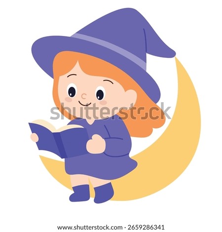 Young Witch Reading on Crescent Moon. Hand Drawn Vector Art.