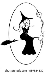 Young Witch sitting on a broom vector black and white with floral border	