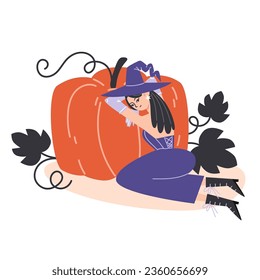 Young witch sitting on the floor and hugging a large pumpkin, illustration for a card