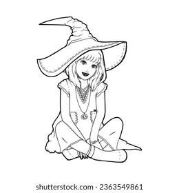 Young Witch Sitting Vector Line Art