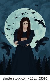 Young witch with a spell book. Night, full moon, flock of black ravens, dark forest. Witchcraft, magic. Vector illustration