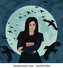 Young witch with a spell book. Night, full moon, flock of black ravens. Witchcraft, magic. Vector Illustration