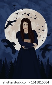 Young witch with a spell book. Night, full moon, flock of black ravens, dark forest. Witchcraft, magic. Vector illustration