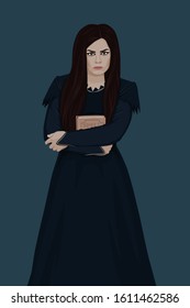 Young witch with a spell book. Portrait of a woman in a dark dress. Sorceress. Vector Illustration