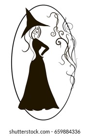 Young Witch standing vector black and white with floral border	