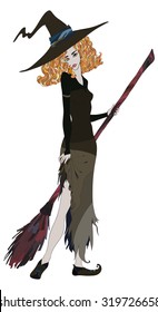 The young witch with a sweeper, white background.