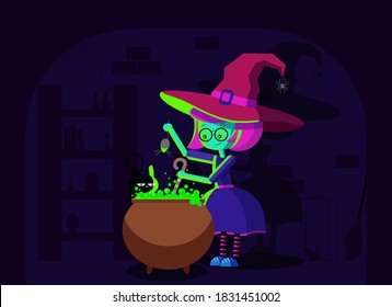 Young witch together with cat brew a potion in a pot for halloween