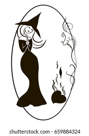 Young Witch vector black and white with floral border, happy young witch burning hurt	