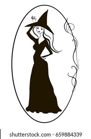 Young Witch vector black and white with floral border	