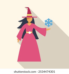 Young witch wearing pink dress and magic hat holding a snowflake in her hand, winter magic concept