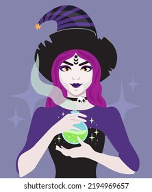 Young witch wearing typical witch hat with a potion in hand. Cute Halloween girl. Halloween, magical, mystic illustration for merch, decor, card. Vector illustration.