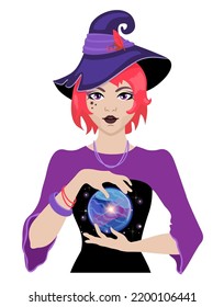 Joven bruja con sombrero típico de bruja con esfera mágica. Una chica de Halloween. Halloween, mágica, mística ilustración para la mezcla, decoración, carta. Ilustración vectorial.