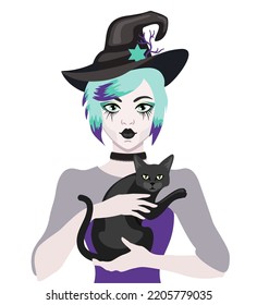 Una bruja joven con un sombrero típico de bruja sosteniendo a un gato negro. Una chica de Halloween. Maquillaje y trajes de bruja. Halloween, mágica, mística ilustración para la mezcla, decoración, carta. Ilustración del vector