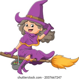 The young witch women is flying with the magic broom of illustration