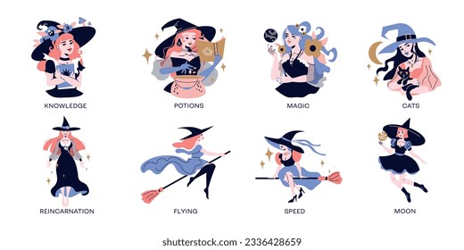 Young witches reading magical books making potions flying on broom flat compositions set isolated vector illustration