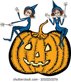 Young witches are sitting on a pumpkin