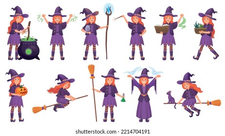 Young witches witchcraft. Redhead witch on broomstick, halloween broom comic wizard lady in dress, cartoon magic girl fairy woman magician character, vector illustration of halloween broomstick