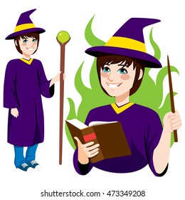 Young wizard character standing with wand making magic spell book