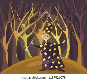 young wizard conjures in the mysterious forest.