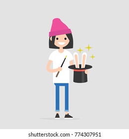 Young wizard holding a hat with the rabbit ears inside. Magic wand. Flat editable vector illustration, clip art