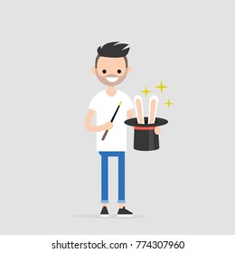 Young wizard holding a hat with the rabbit ears inside. Magic wand. Flat editable vector illustration, clip art