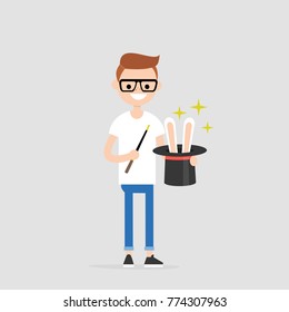 Young wizard holding a hat with the rabbit ears inside. Magic wand. Flat editable vector illustration, clip art