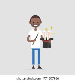 Young wizard holding a hat with the rabbit ears inside. Magic wand. Flat editable vector illustration, clip art