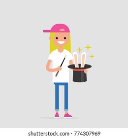 Young wizard holding a hat with the rabbit ears inside. Magic wand. Flat editable vector illustration, clip art